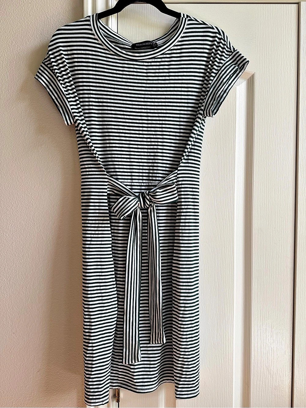 MEROKEETY Green & White Striped Tie-Waist T-Shirt Dress